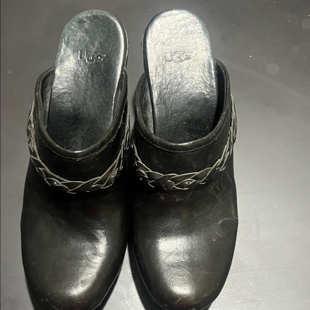 UGG Women's Black Leather Clogs with Braided Detail
